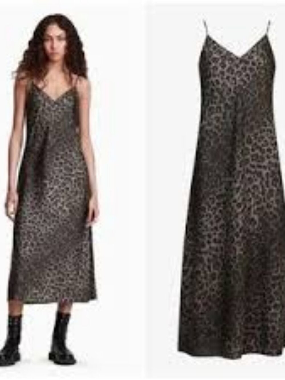 32 - NWOT ALL SAINTS KHAKI GREEN TIERNEY LEPPO LEOPARD PRINT SATIN SLIP DRESS